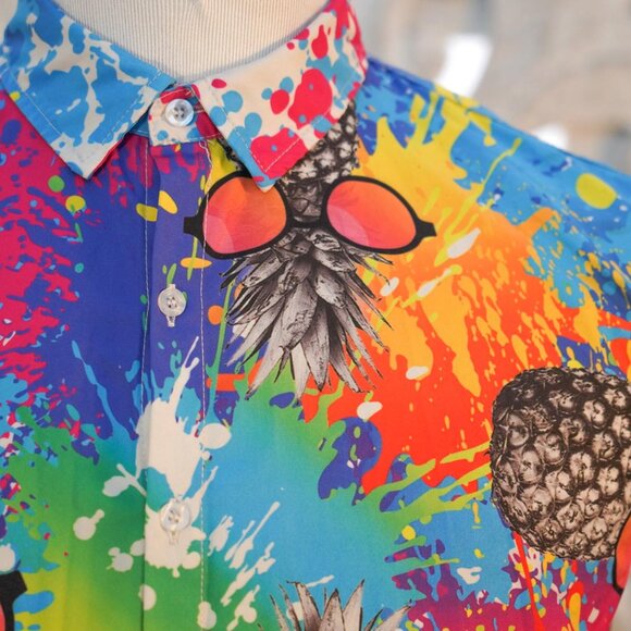 Men's Pineapple Print Short Sleeve Button-Up Shirt, Vibrant, Size M Psychedelic - Picture 3 of 6